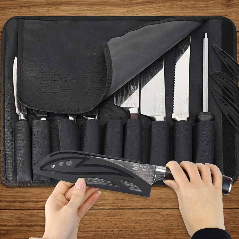 Dfito Chef Knife Sets with Roll Bag, 9 Pieces Professional Knife Set, High Carbon Stainless Steel Kitchen Chef Knife Set, Red Pakkawood Handle, Dishwasher Safe - Image 2